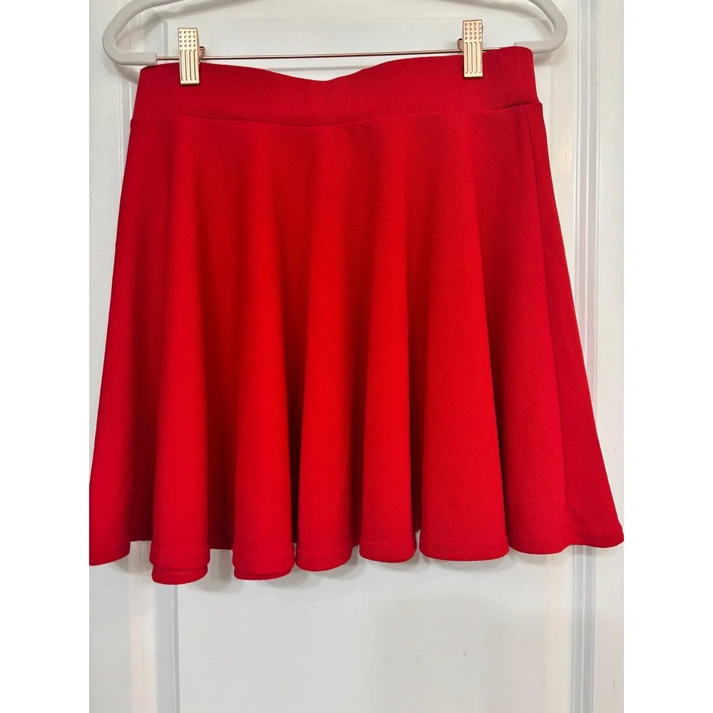 Red Textured Skater Skirt High Waisted Flared Mini Skirt Size Large